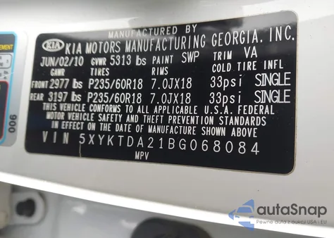 2011 Kia Sorento Lx V6 z USA, uszkodzony, nr VIN 5XYKTDA21BG068084